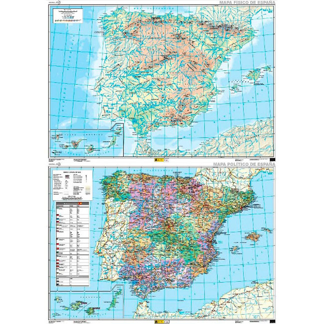 Mapa físico de España-Mapa político de España. (Mural) 1:1.125.000 