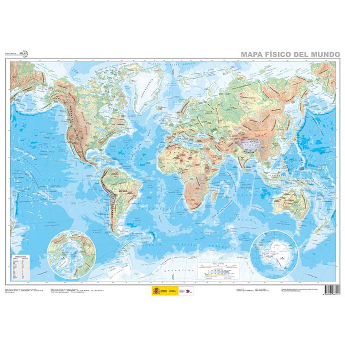 Mapa físico del Mundo 1:60.000.000 (lámina atlas 70 cm x 50 cm) ed. 2015