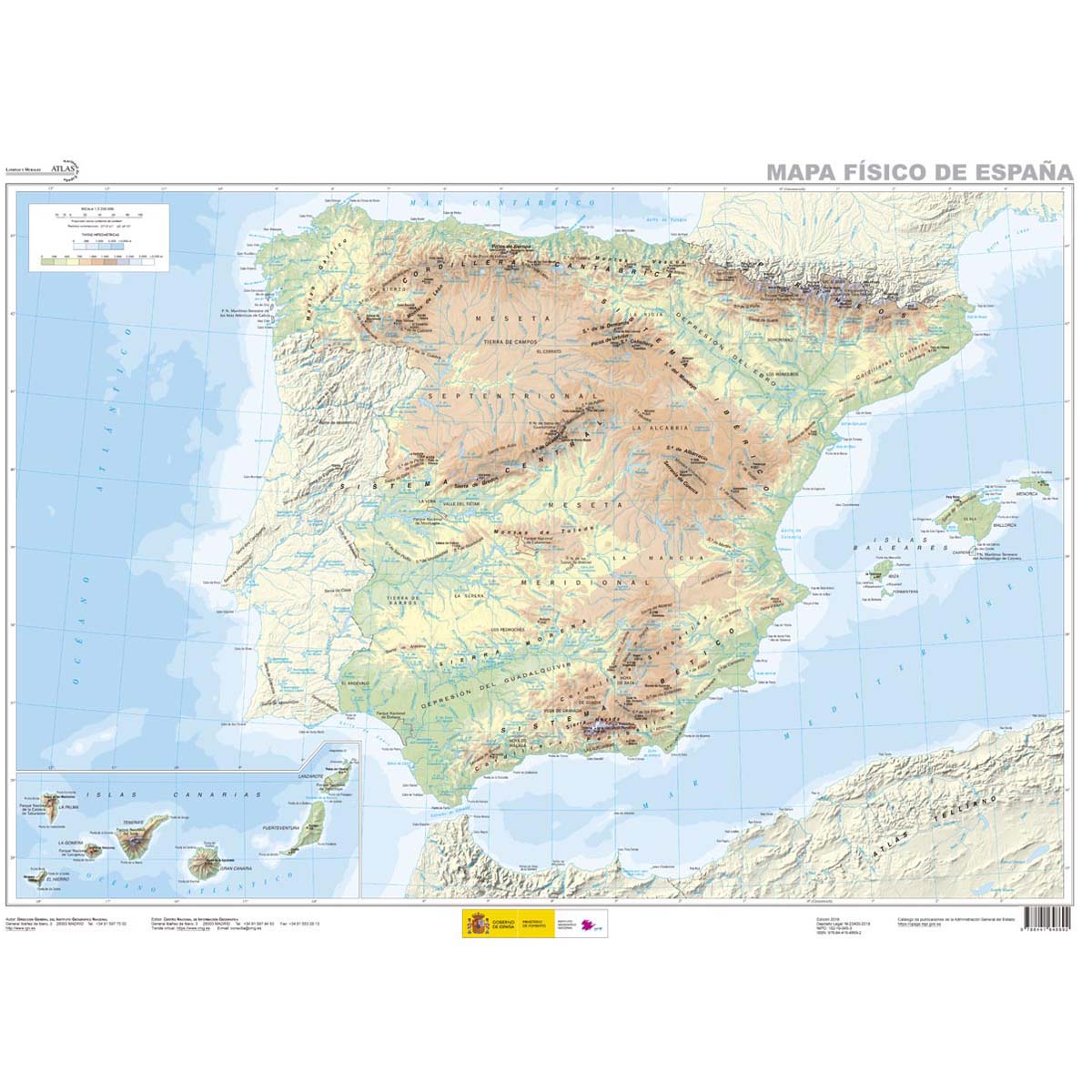 Mapa físico de España 1:2.250.000  (lámina atlas 70cm x 50cm) ed. 2019
