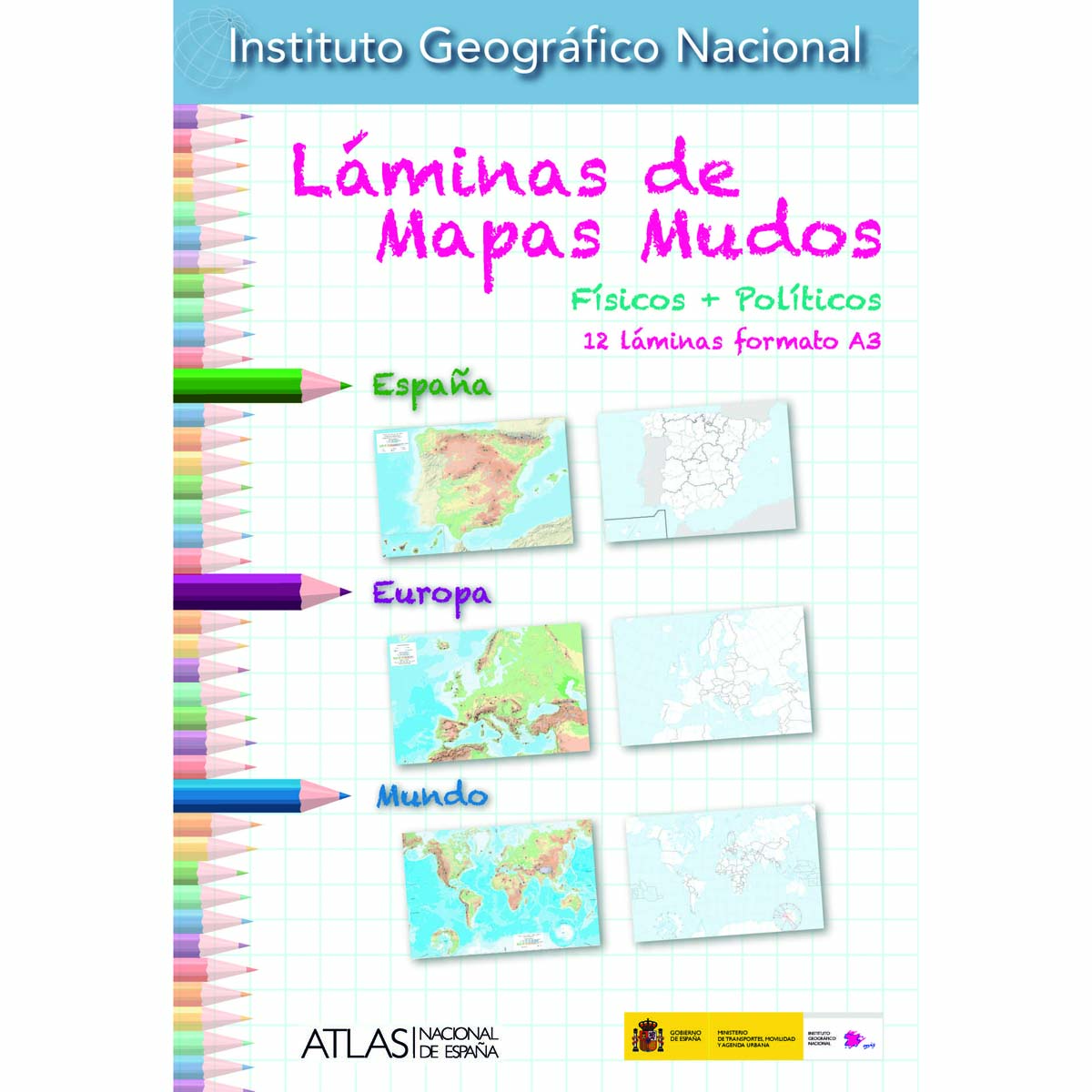 Láminas de Mapas Mudos (físicos + políticos) 12 láminas formato A3