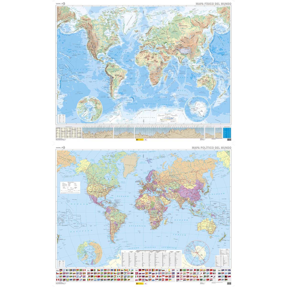 Mapa político mundo-Mapa físico mundo 2024 (mural 138 x 108). Impreso dos caras