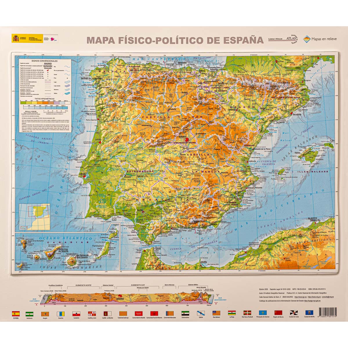 Relieve mapa físico-político de España en 3D a 1:3.000.000 ed. 2025