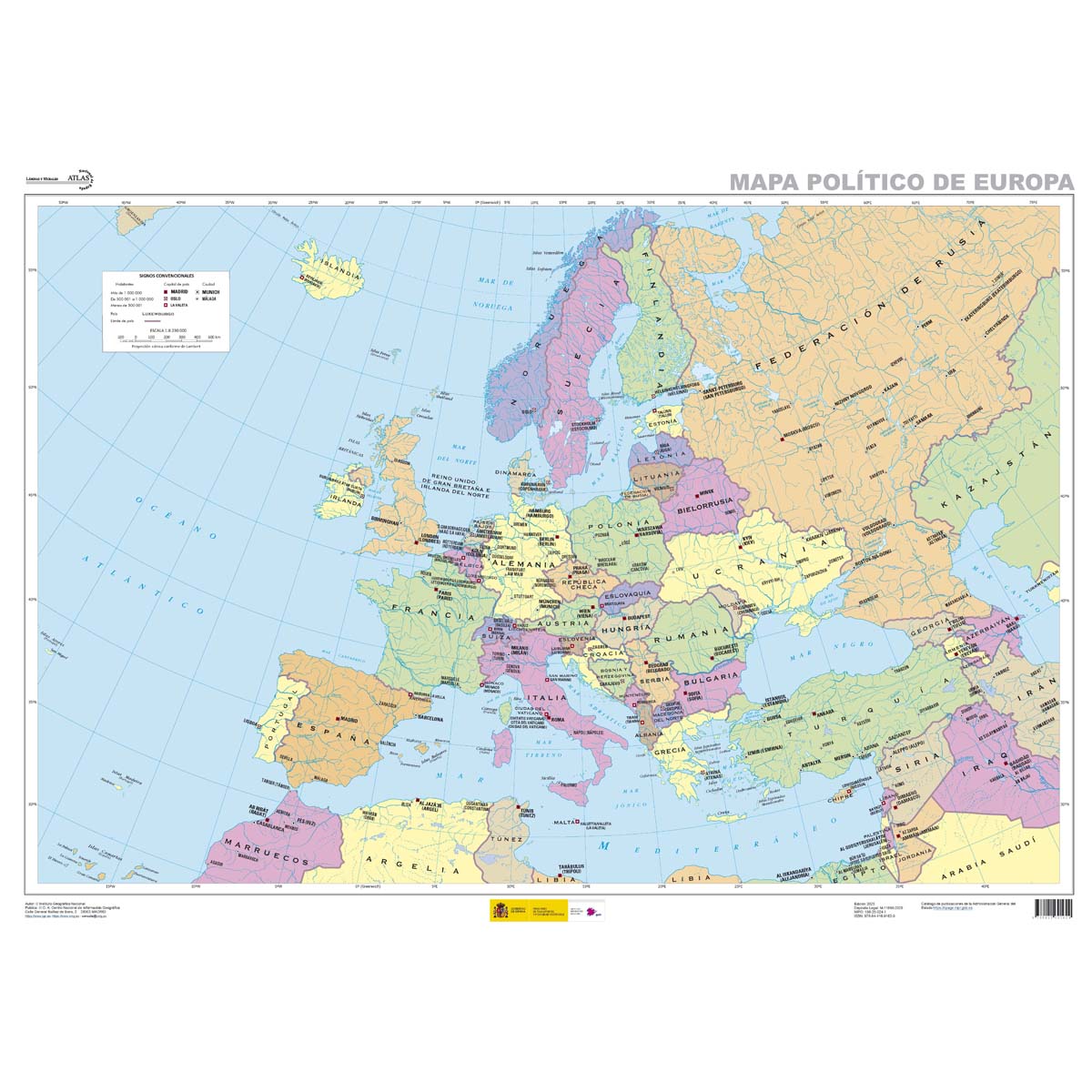 Mapa político de Europa 1:8.230.000 (lámina atlas 87 x 61 cm) ed. 2025