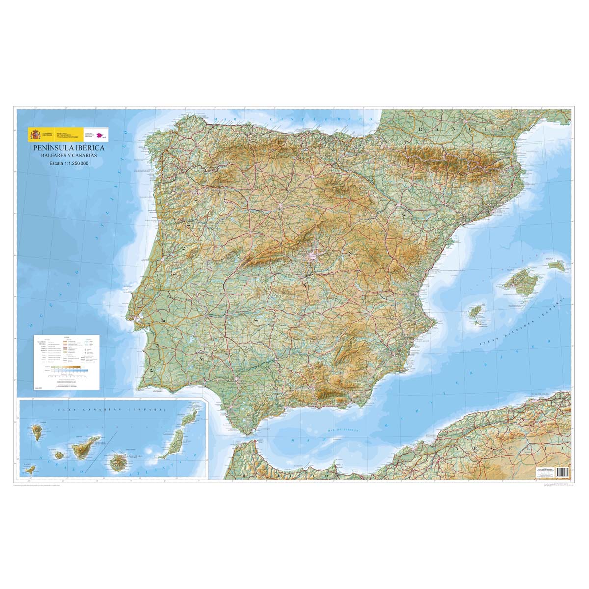Península Ibérica, Baleares y Canarias - mapa físico escala 1:1.250.000. Ed.2025