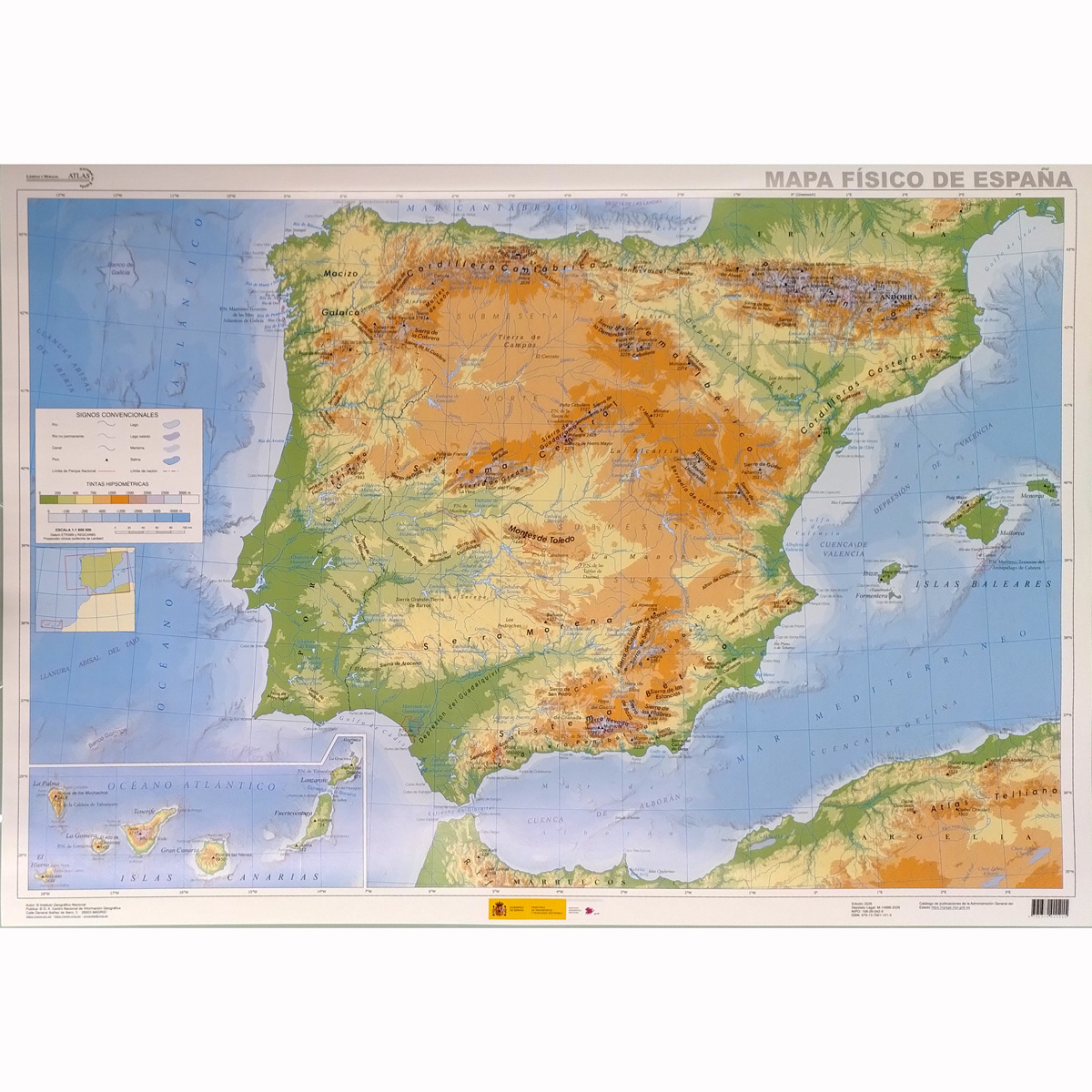 Mapa físico de España 1:1.800.000  (lámina atlas 87 cm x 61 cm)